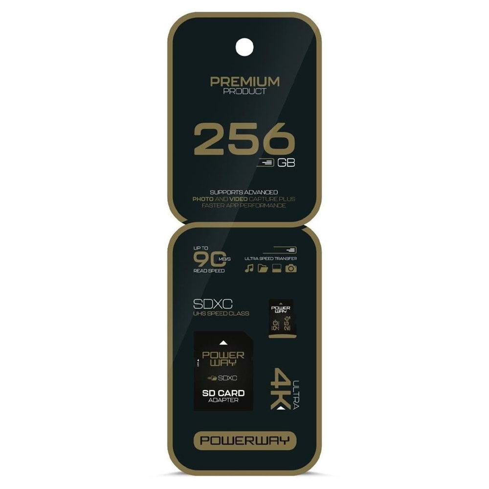 Powerway Premium 256GB SDXC UHS Class 4K Ultra Hızlı Hafıza Kartı + Adaptör