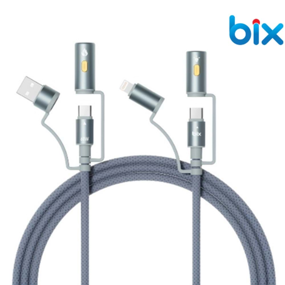 Bix BX6IN1C 60W Type-C Lightning USB-A Çok Fonksiyonlu Şarj ve Data Kablosu Kamp ve Acil Durumlar için LED Fenerli Çakmaklık Özellikli Premium Örgülü 1.2 Mt