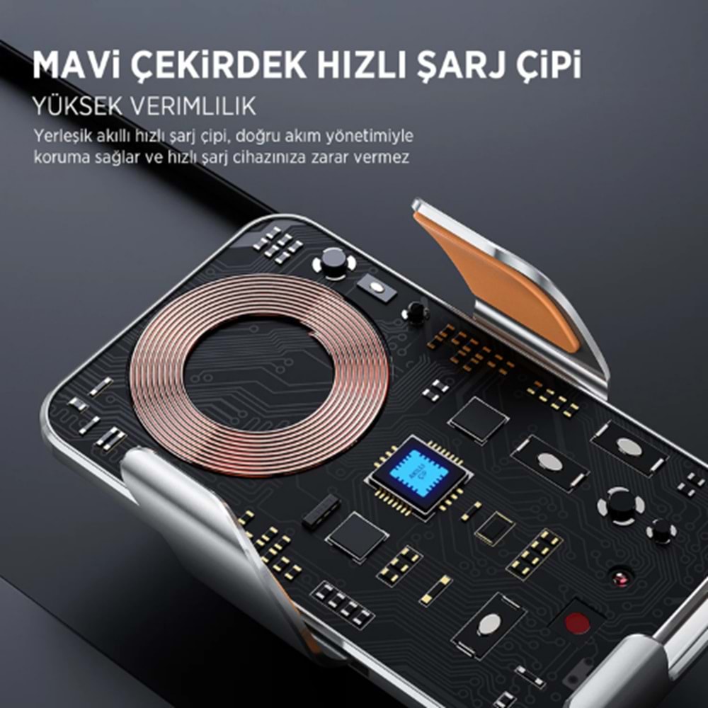 Bix BXCH9 MagSafe 15W Kablosuz Hızlı Şarj Destekli Ultra İnce Metal Gövdeli 360 Derece Ayarlanabilen Araç içi Telefon Tutucu Gri