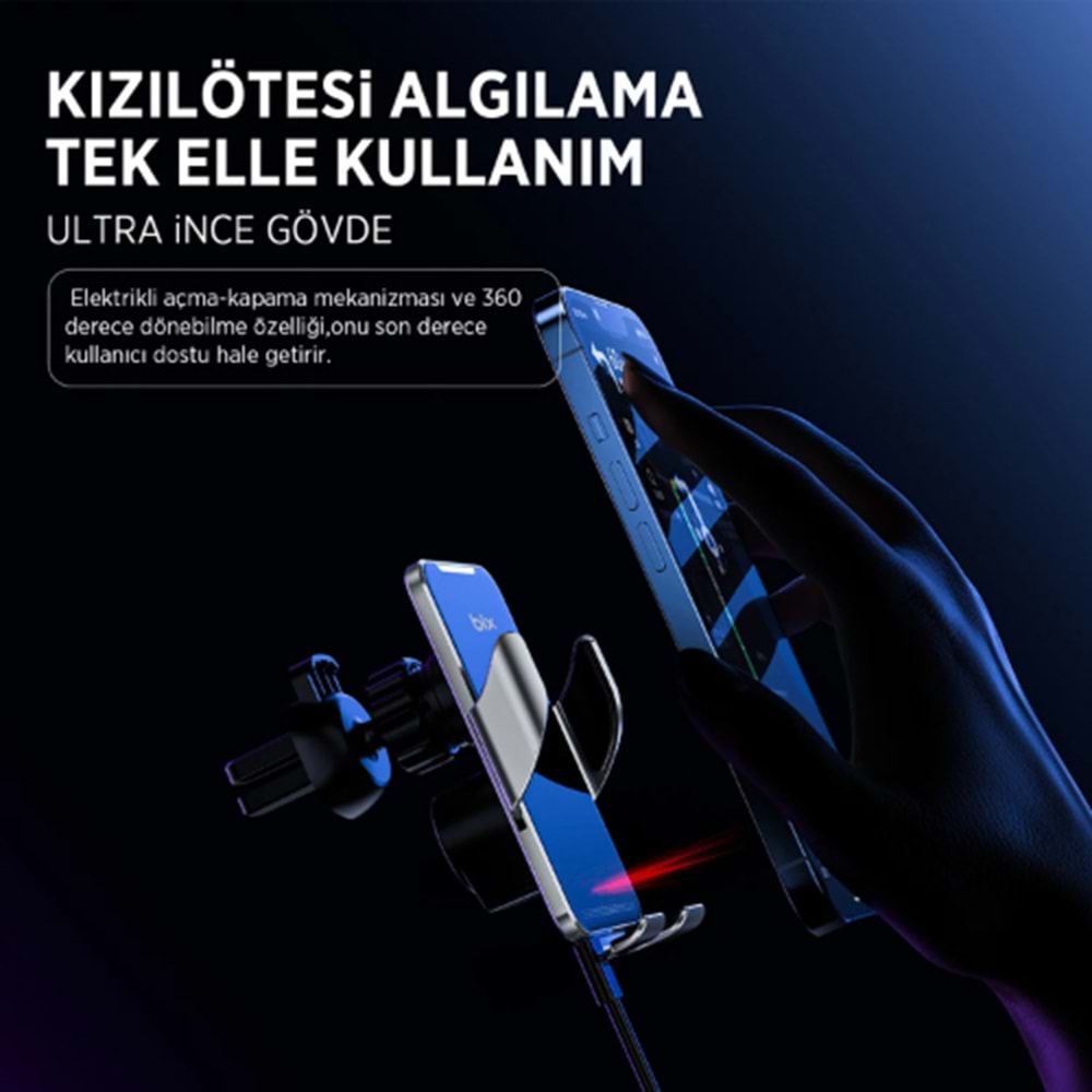 Bix BXCH9 MagSafe 15W Kablosuz Hızlı Şarj Destekli Ultra İnce Metal Gövdeli 360 Derece Ayarlanabilen Araç içi Telefon Tutucu Gri