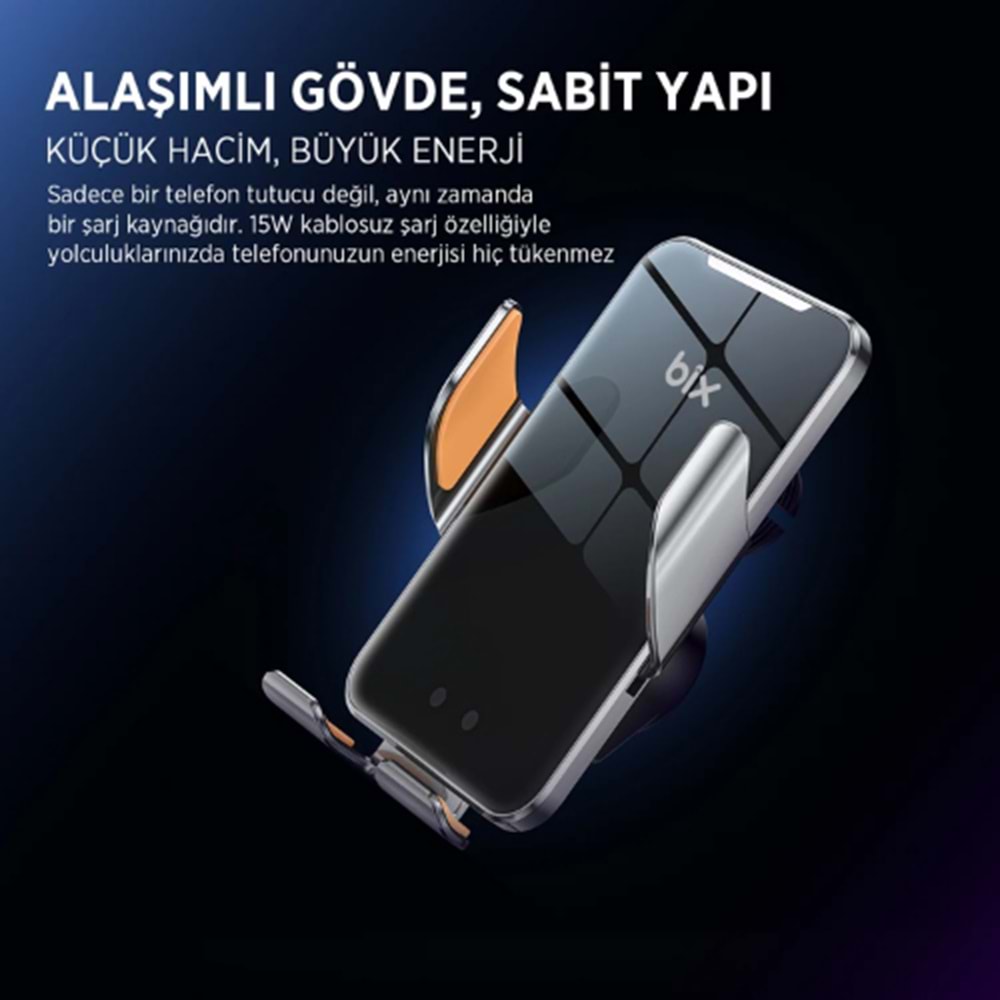 Bix BXCH9 MagSafe 15W Kablosuz Hızlı Şarj Destekli Ultra İnce Metal Gövdeli 360 Derece Ayarlanabilen Araç içi Telefon Tutucu Gri