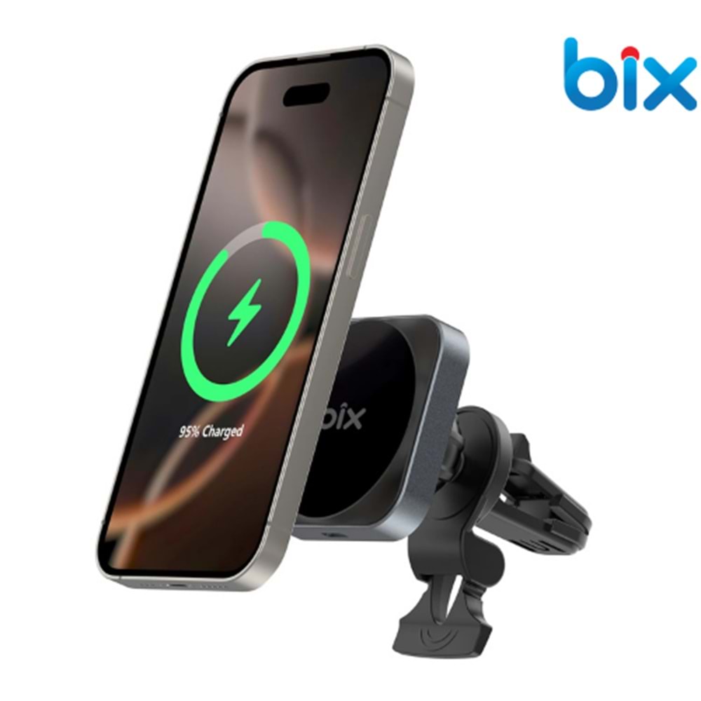 Bix BXCH10 15W Kablosuz Şarj Destekli 180° Ayarlanabilir, Çok Açılı Manyetik Araç İçi Telefon Tutucu Gri
