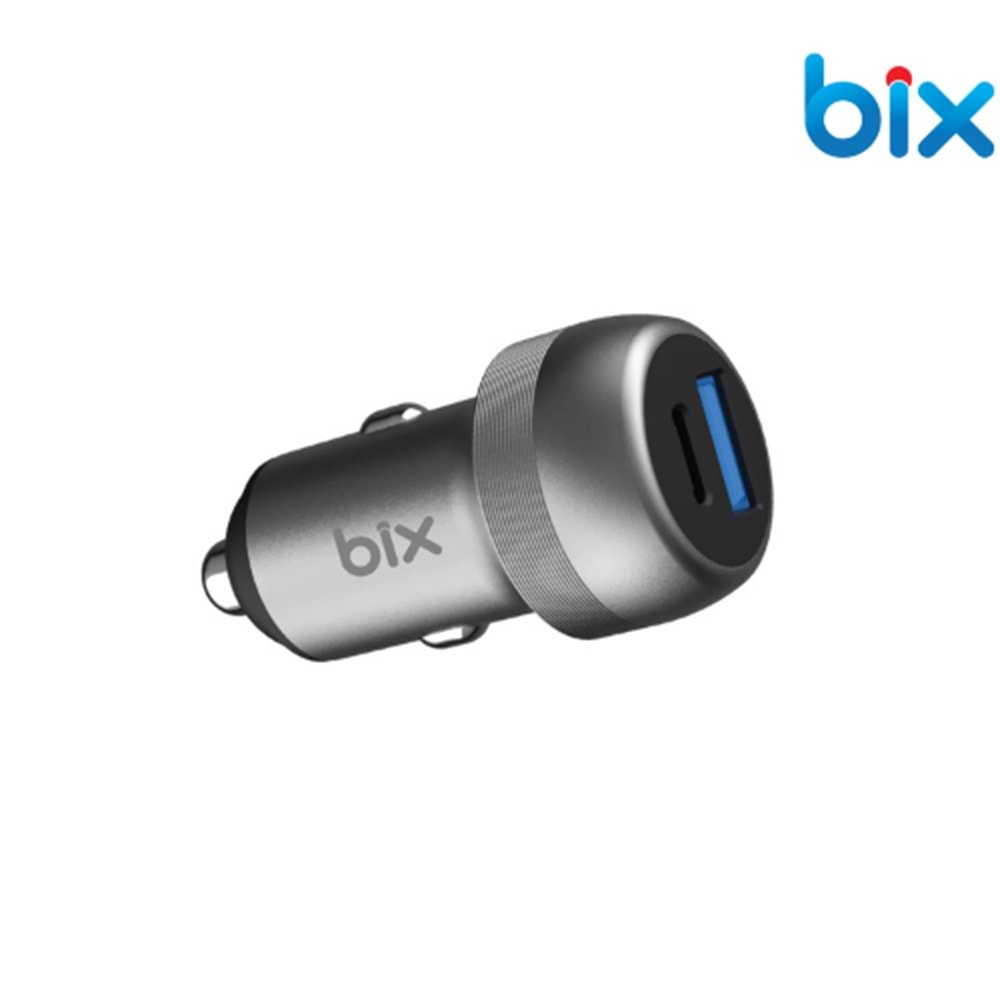 Bix BXAC100W 100W Type-C PD 65W ve USB-A QC 35W PPS Destekli Çift Çıkışlı Mini Araç içi Hızlı Şarj Cihazı Gri