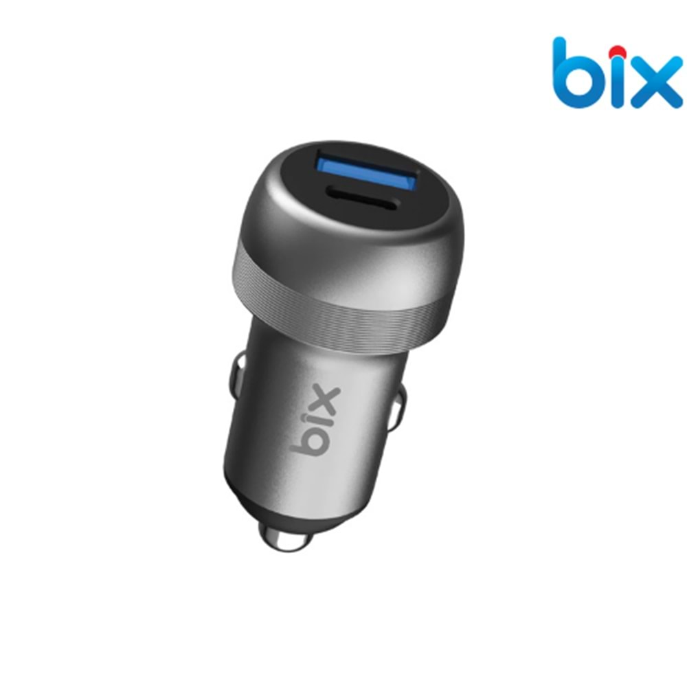 Bix BXAC100W 100W Type-C PD 65W ve USB-A QC 35W PPS Destekli Çift Çıkışlı Mini Araç içi Hızlı Şarj Cihazı Gri