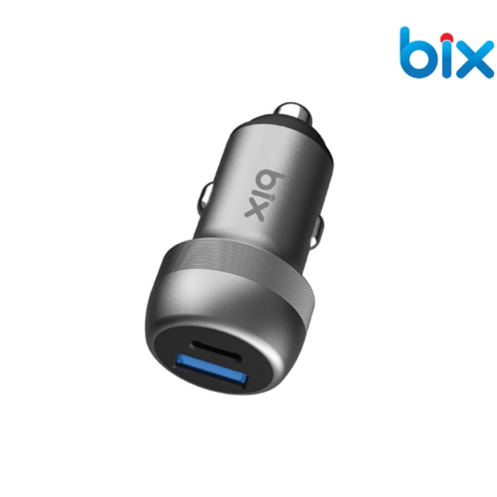 Bix BXCC100W 100W 2*Type-C PD 3.0 Portlu PPS Destekli Mini Araç içi Hızlı Şarj Cihazı Gri