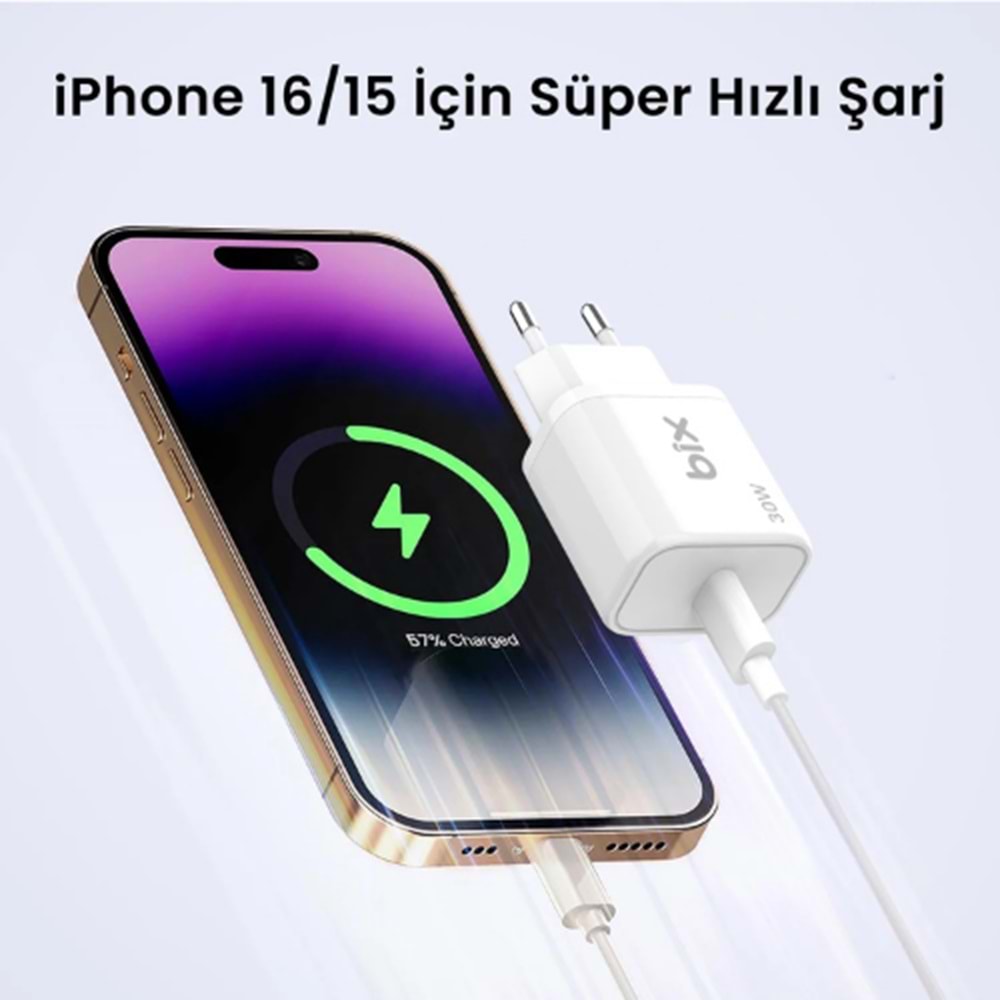 Bix BXPD31 30W USB-C PD 3.0 Akım Korumalı Hızlı Şarj Adaptörü Beyaz