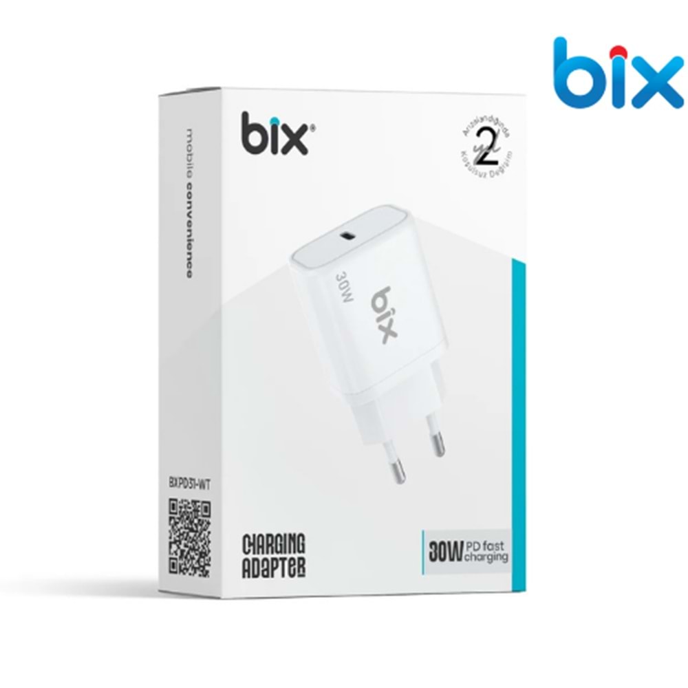 Bix BXPD31 30W USB-C PD 3.0 Akım Korumalı Hızlı Şarj Adaptörü Beyaz