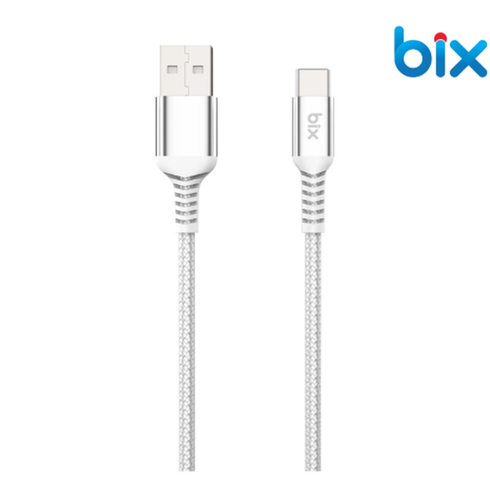 BİX BXUC01C 15W USB-A to Type-C Örgülü Şarj ve Data Kablosu Gümüş 1 Metre