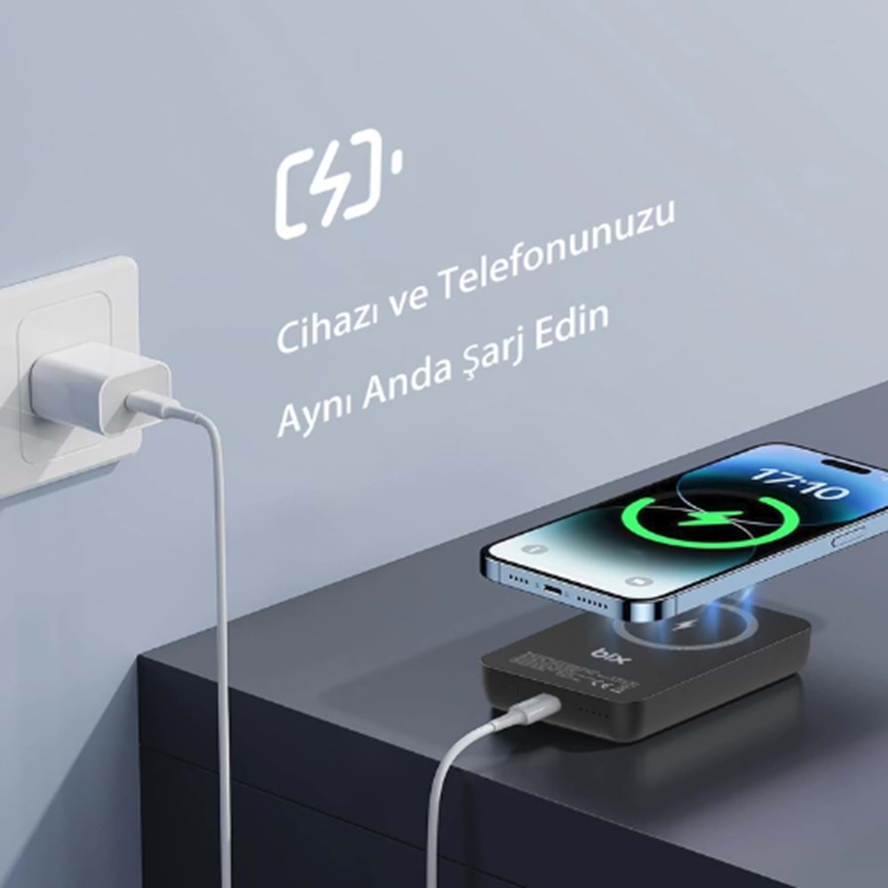Bix PB112 15W Manyetik Kablosuz Şarj ve 20W USB-C Hızlı Şarj Destekli 10.000mAh MagSafe ve Qi Uyumlu Mini Powerbank
