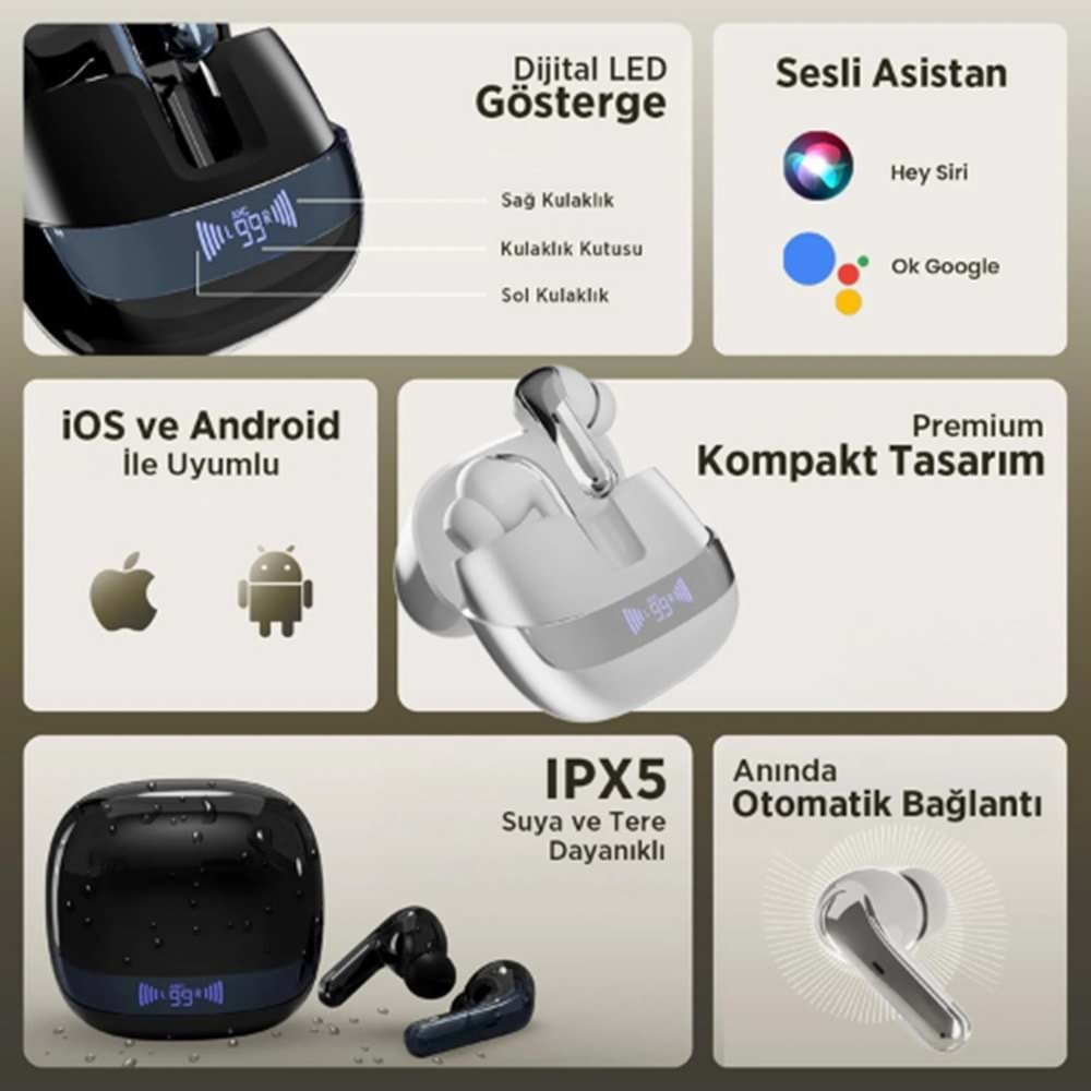 Bix TWX Soundcraft ANC ENC Gürültü Engelleme Özellikli Dijital LED Ekranlı Bluetooth 5.4 TWS Kablosuz Kulak içi Kulaklık