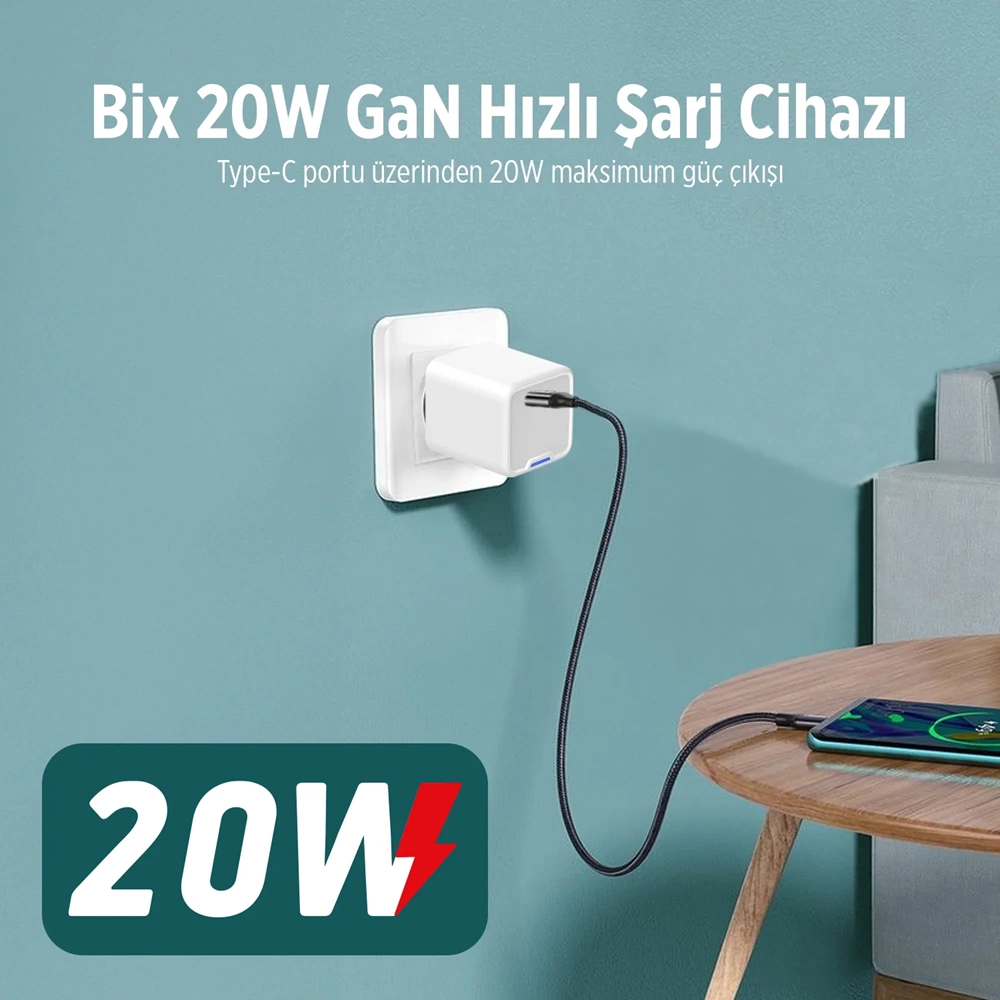 Bix T1P20G GaN Mini 20W Type-C PD Hızlı Şarj başlığı