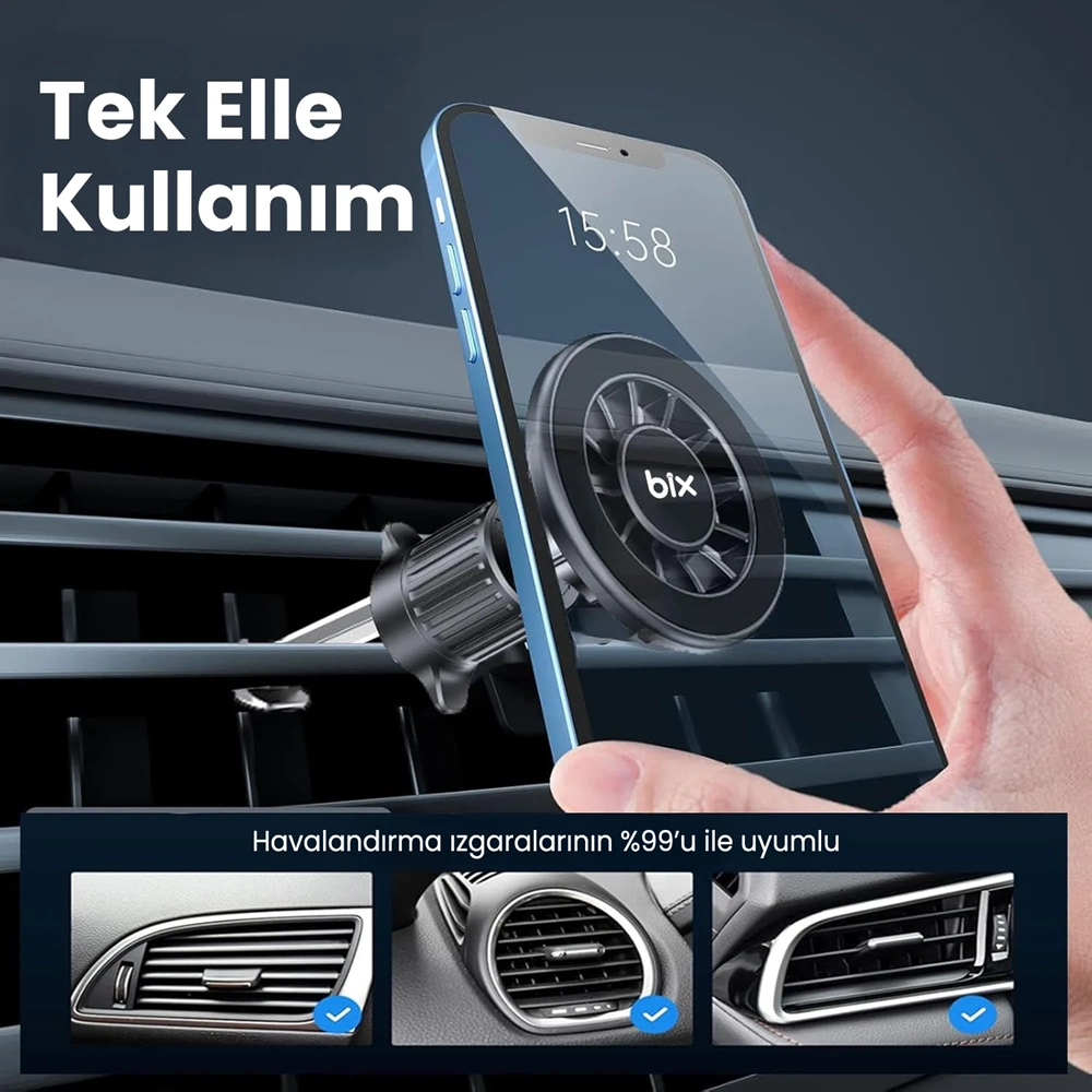 Bix BXCH13 360° Ayarlanabilir Hava Menfezi için Metal Kancalı Manyetik Araç İçi Telefon Tutucu Siyah