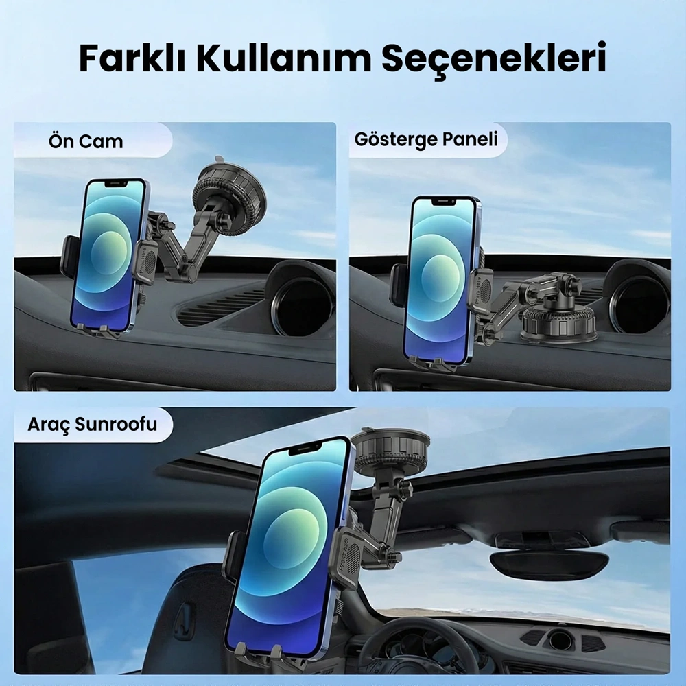 BİX BXCH15 Uzayabilen ve Ayarlanabilir Cam, Torpido ve Ön Panel için Çok Fonksiyonlu Araç içi Vantuzlu Telefon Tutucu Siyah