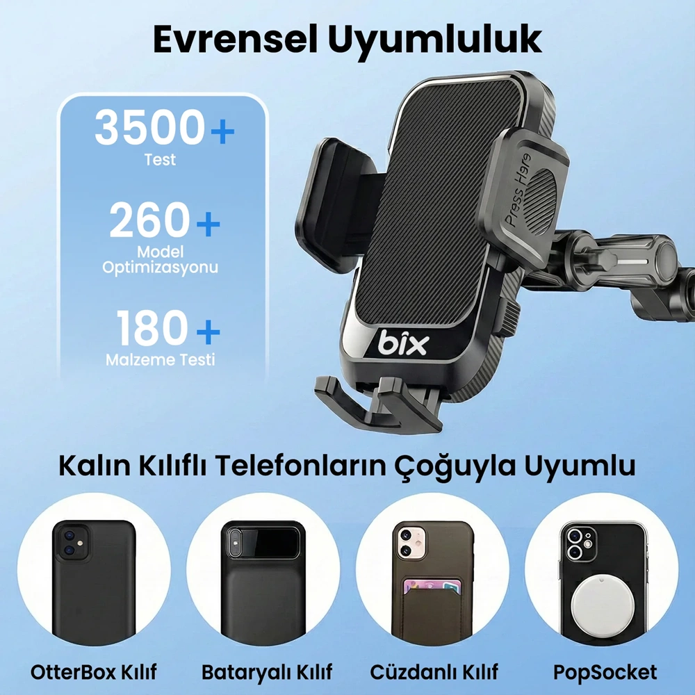 BİX BXCH15 Uzayabilen ve Ayarlanabilir Cam, Torpido ve Ön Panel için Çok Fonksiyonlu Araç içi Vantuzlu Telefon Tutucu Siyah