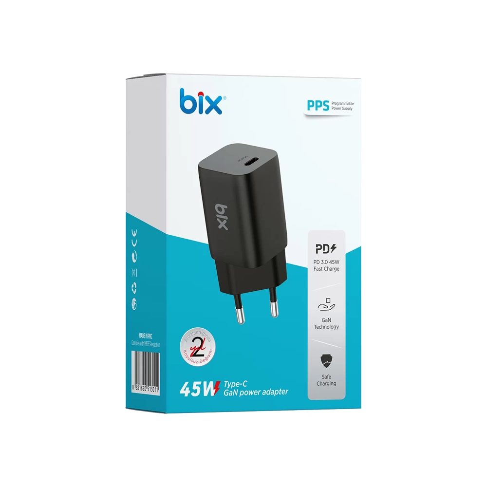 Bix BX45G GaN Type-C PD 3.0 45W PPS Mini Hızlı Şarj Cihazı başlık