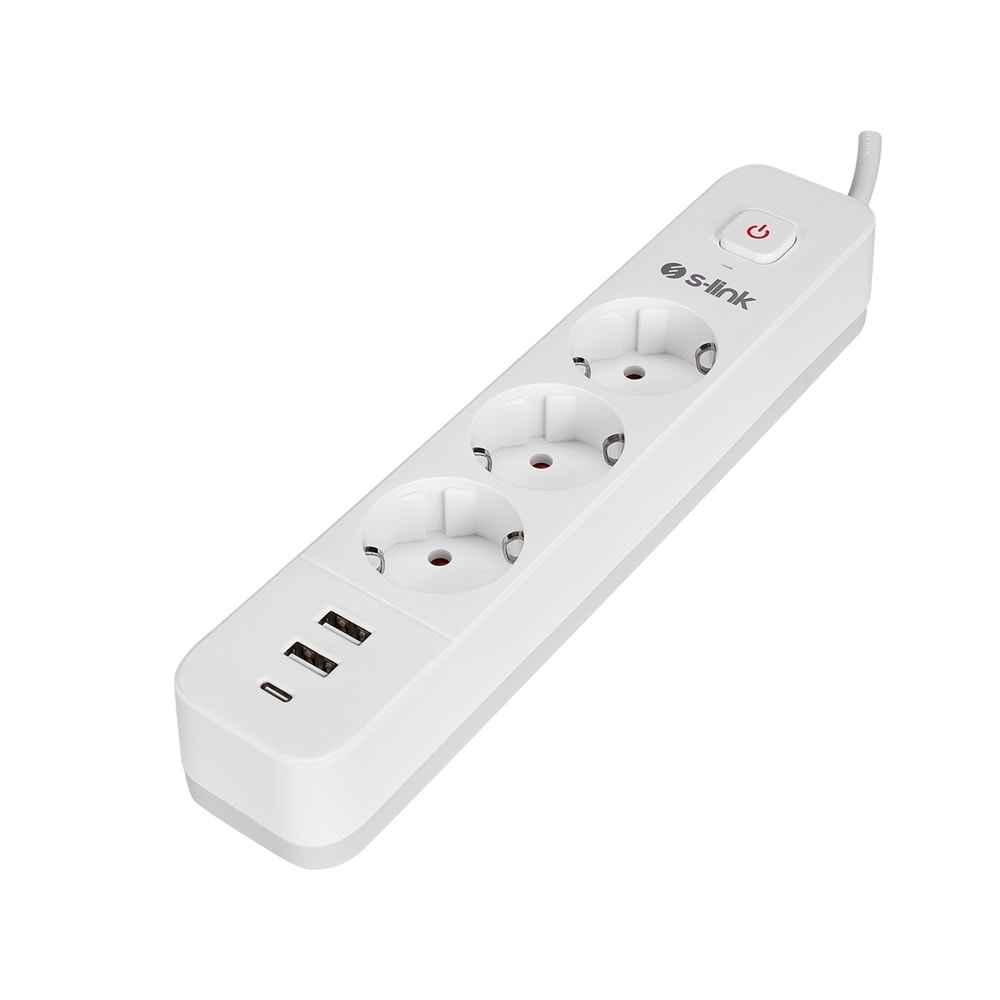 S-link SPG03TC 2 Usb +1Type C 5V2.4A 1.5m 3x1.00mm 100% Bakır 750 Joule 3 lü Anahtarlı Akım Korumalı Beyaz Priz