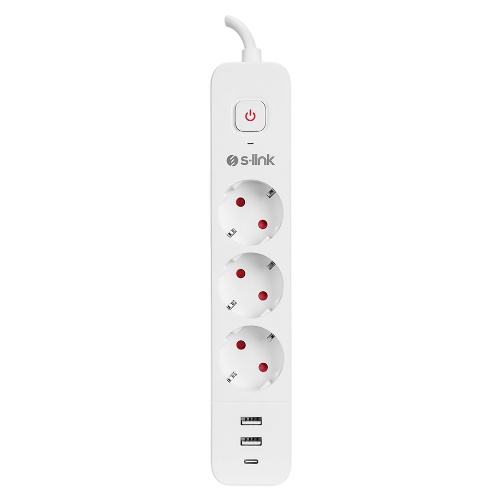 S-link SPG3-PD20 1 USB 3.4A + 1 TypeC PD20W H05VV-F 3G1.0mm, 1.5m 3 lü 306 J Akım Korumalı Beyaz + Gri Priz