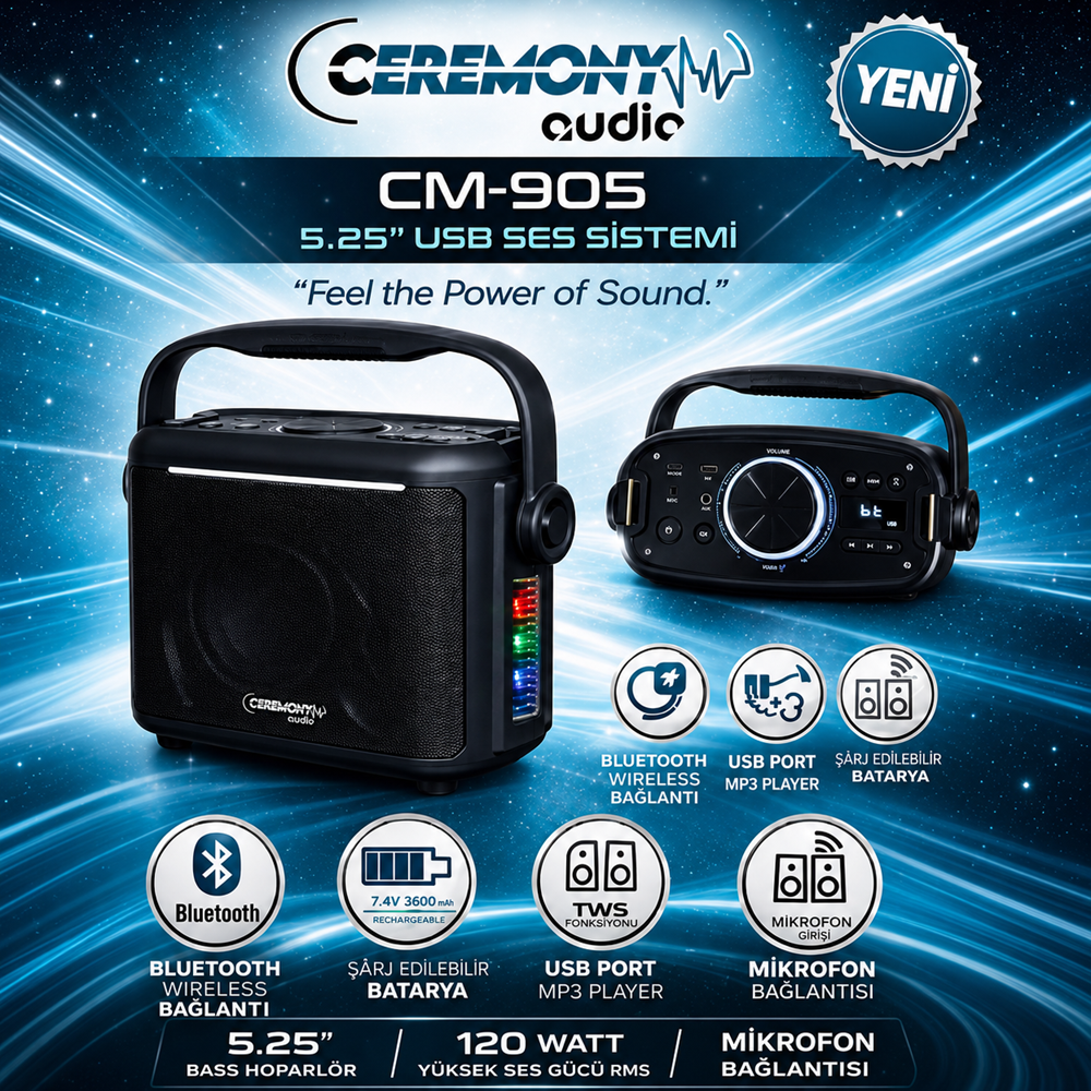 Ceremony Audio CM-905 5.25 Inç 120WATT Taşınabilir Bluetooth Hoparlör Tws Disco Light