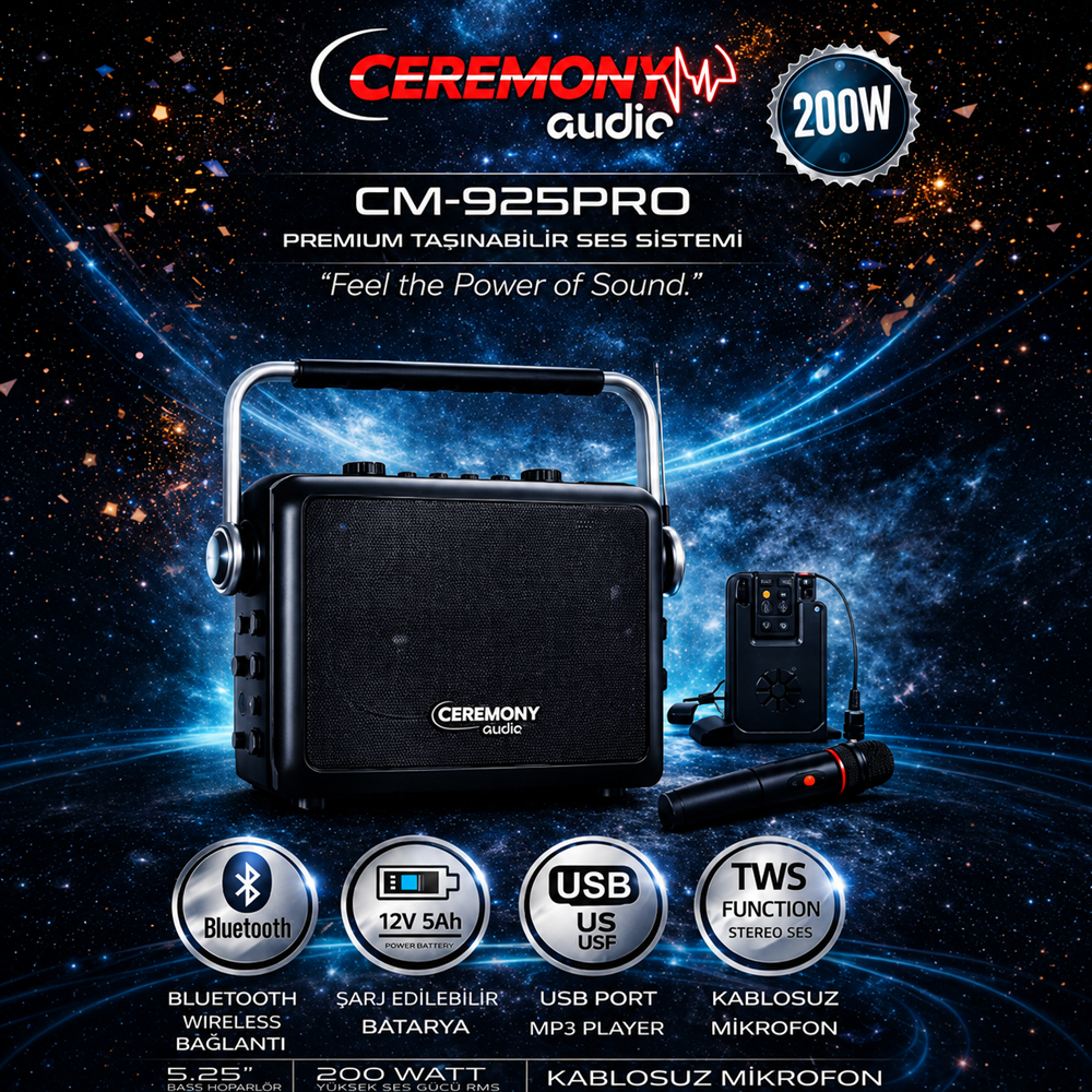 Ceremony Audio CM-925PRO 5.25 Inç 200WATT Profesyonel Taşınabilir Bluetooth Hoparlör Tws