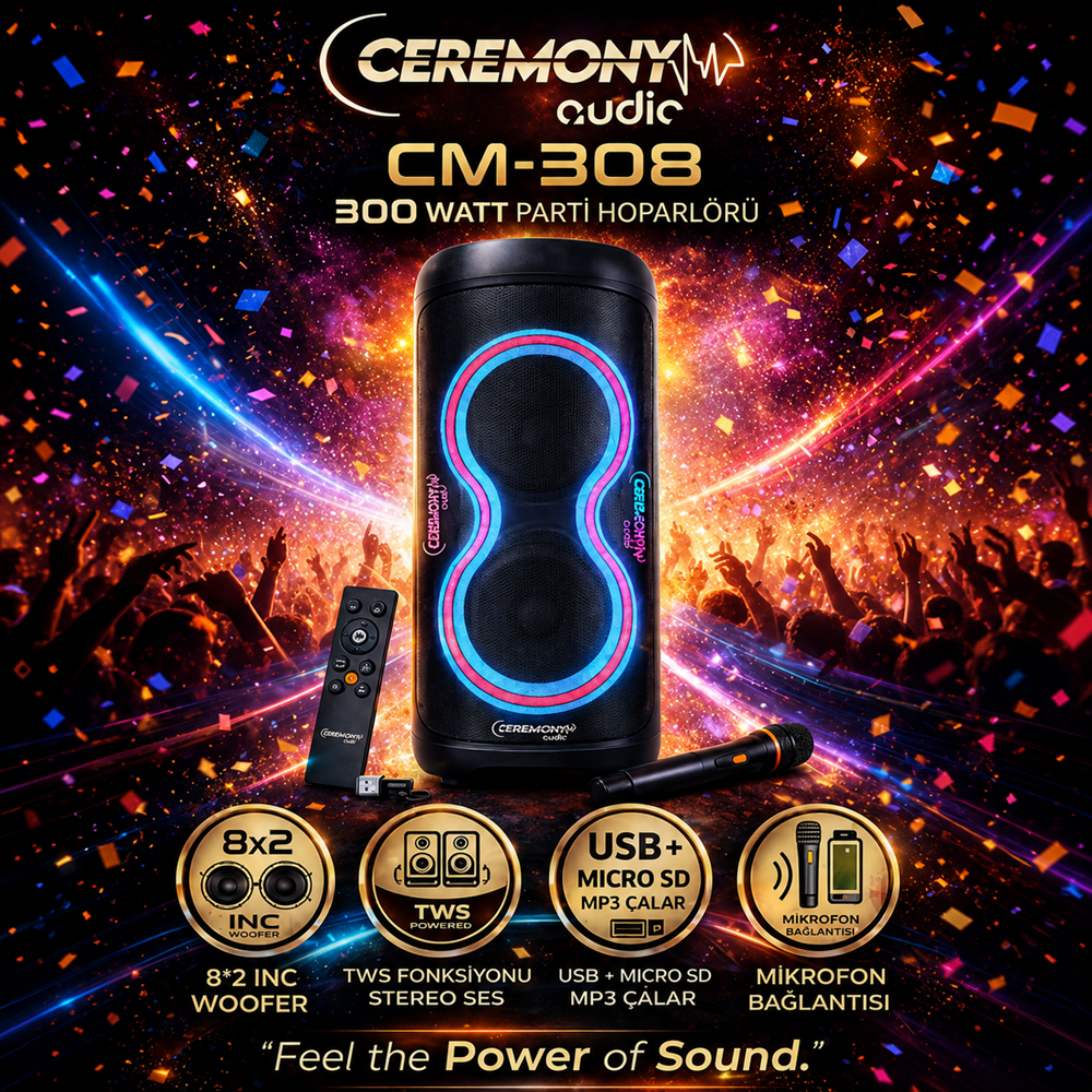 Ceremony Audio CM-308 Taşınabilir Bluetooth Parti Hoparlör 2x8 Inç Woofer 300WATT Tws Disco Lights