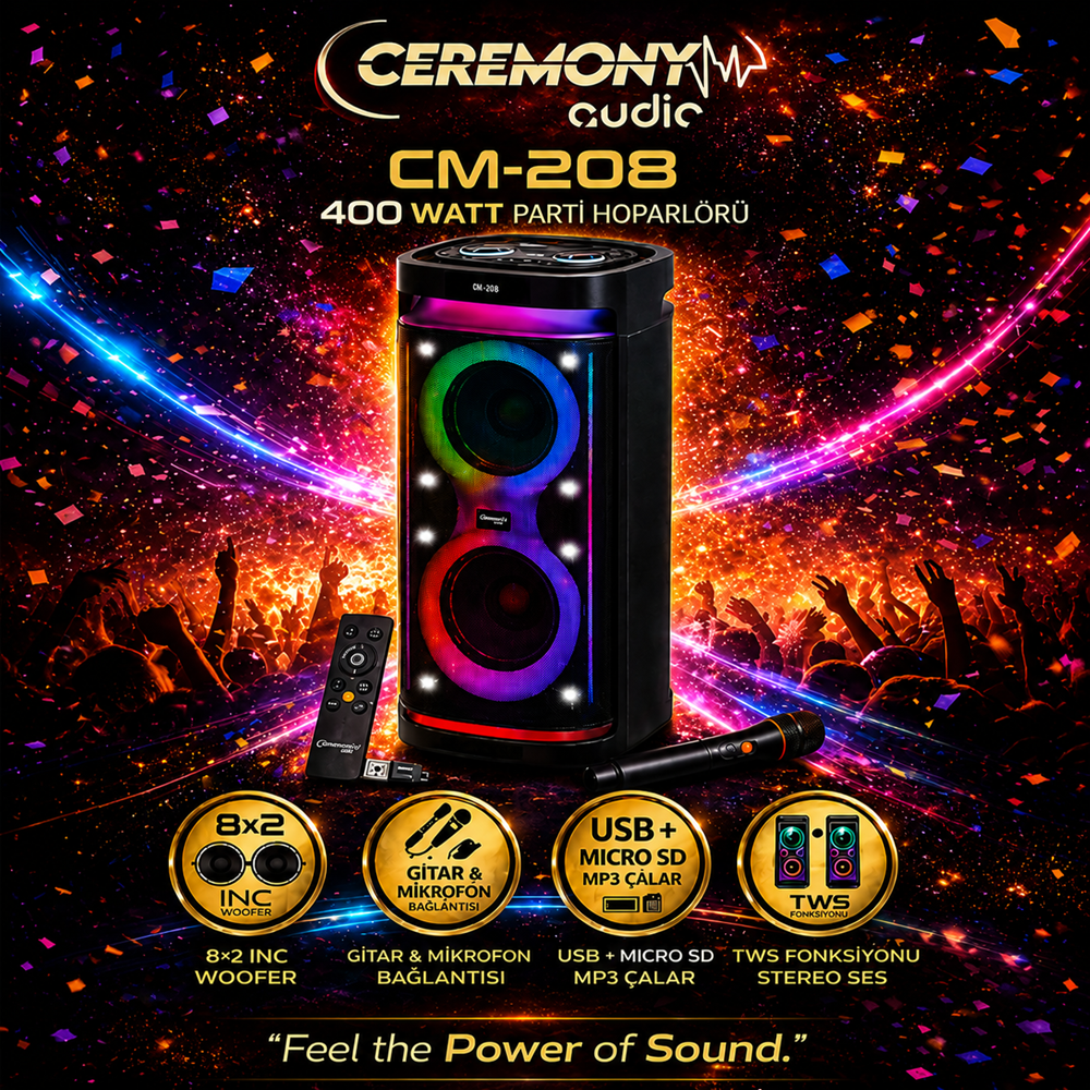 Ceremony Audio CM-208 Taşınabilir Bluetooth Parti Hoparlör 2x8 Inç Woofer 400WATT Tws Disco Lights