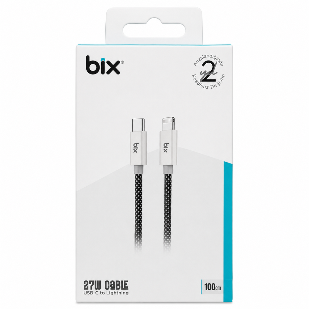 Bix T3CL Type-C to Lightning iPhone 27W Örgülü Şarj ve Data Kablosu 1 Metre