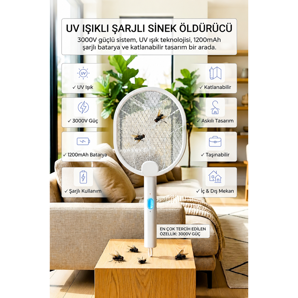 Asonic AS-A26 UVIşıklı ŞarjliKatlanabilir AskılıRaket SinekÖldürücü Beyaz1200mAh 3000VÇıkış Asonic