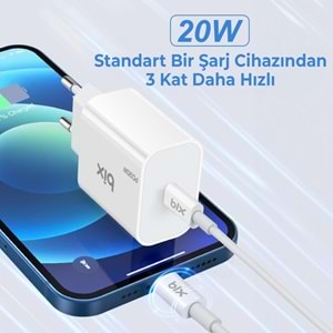 Bix BXCL21TA 20W Type-C PD 3.0 Akım Korumalı Hızlı Şarj Adaptörü ve 1 mt Type-C to Lightning Kablo