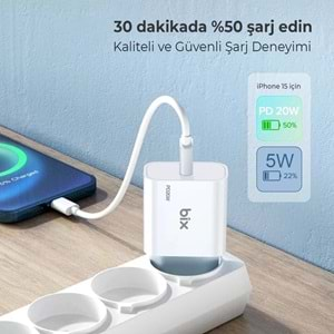 Bix BXCL21TA 20W Type-C PD 3.0 Akım Korumalı Hızlı Şarj Adaptörü ve 1 mt Type-C to Lightning Kablo