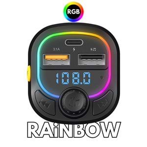 Hytech HY-XCB45 5V 3.1A / 5V 1A Rainbow Işıklı Led Ekran MP3 TF+USB+FM Bluetooth Fm Transmitter