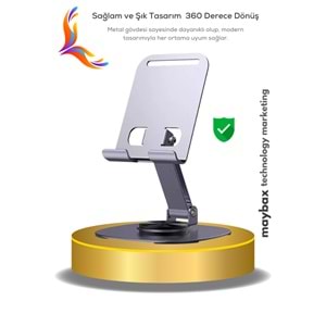 Bix TS01 Katlanabilir 360° Çok Açılı Yükseklik Ayarlı Metal Masaüstü Tablet iPad Tutucu Telefon Standı Gri