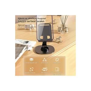 Bix TS01 Katlanabilir 360° Çok Açılı Yükseklik Ayarlı Metal Masaüstü Tablet iPad Tutucu Telefon Standı Gri