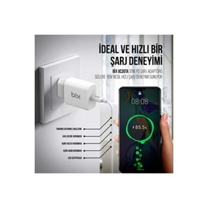 Bix BXUC30TA 30W Type-C PD 3.0 Hızlı Şarj Adaptörü ve 1 Metre 3A Type-C Şarj Kablosu Beyaz