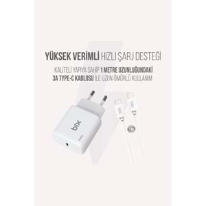 Bix BXUC30TA 30W Type-C PD 3.0 Hızlı Şarj Adaptörü ve 1 Metre 3A Type-C Şarj Kablosu Beyaz