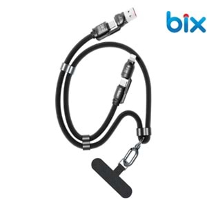 Bix BX5IN1C 240W PD Hızlı Şarj ve Data Kablosu-USB-A/Type-C/Lightning Uyumlu, Askı İpi Tasarımlı, Boyuna Asılabilir, Premium Örgülü 1.5 Mt