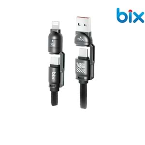 Bix BX5IN1C 240W PD Hızlı Şarj ve Data Kablosu-USB-A/Type-C/Lightning Uyumlu, Askı İpi Tasarımlı, Boyuna Asılabilir, Premium Örgülü 1.5 Mt