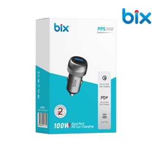 Bix BXAC100W 100W Type-C PD 65W ve USB-A QC 35W PPS Destekli Çift Çıkışlı Mini Araç içi Hızlı Şarj Cihazı Gri