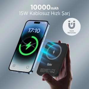 Bix PB112 15W Manyetik Kablosuz Şarj ve 20W USB-C Hızlı Şarj Destekli 10.000mAh MagSafe ve Qi Uyumlu Mini Powerbank