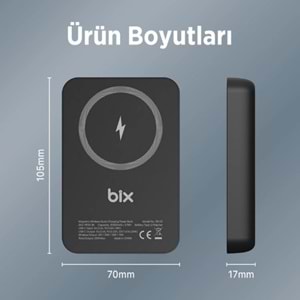 Bix PB112 15W Manyetik Kablosuz Şarj ve 20W USB-C Hızlı Şarj Destekli 10.000mAh MagSafe ve Qi Uyumlu Mini Powerbank
