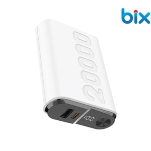 Bix TPB24 20000mAh PD 20W USB-C ve USB-A QC 3.0 Çift Portlu 22.5W Süper Hızlı Şarj Destekli ve Dijital Ekranlı Mini Powerbank Beyaz