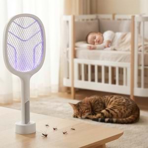 Asonic AS-A25 UV Mavi Işıklı Şarjli Masaüstü Raket Sinek Öldürücü Beyaz/Gri 1200mAh 3000V Çıkış