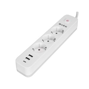 S-link SPG03TC 2 Usb +1Type C 5V2.4A 1.5m 3x1.00mm 100% Bakır 750 Joule 3 lü Anahtarlı Akım Korumalı Beyaz Priz