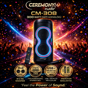 Ceremony Audio CM-308 Taşınabilir Bluetooth Parti Hoparlör 2x8 Inç Woofer 300WATT Tws Disco Lights