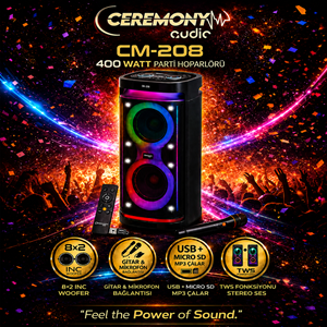 Ceremony Audio CM-208 Taşınabilir Bluetooth Parti Hoparlör 2x8 Inç Woofer 400WATT Tws Disco Lights