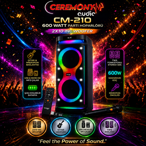 Ceremony Audio CM-210 Taşınabilir Bluetooth Parti Hoparlör 2X10 Inç Woofer 600WATT Tws Disco Lights