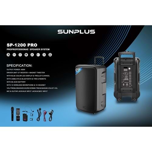 Sunplus SP-1200PRO Profesyonel taşınabilir anfi hoparlör
