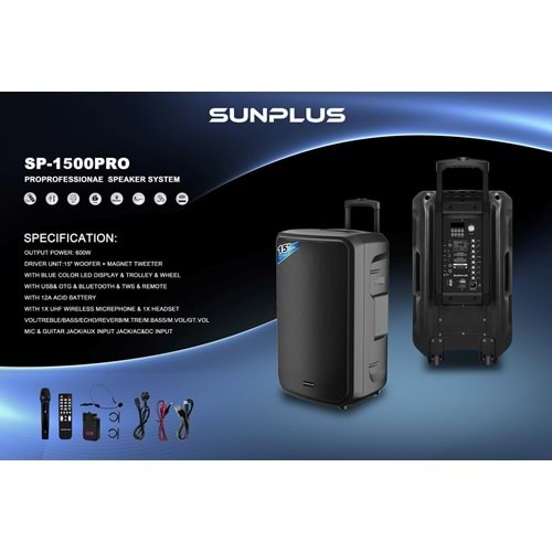 Sunplus SP-1500PRO Profesyonel taşınabilir anfi hoparlör