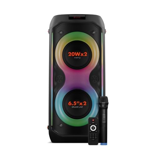 Powerway DUO XL Taşınabilir Mikrofonlu 20x2 W Karaoke Ses Kayıt Bluetooth Hoparlör Led Işıklı