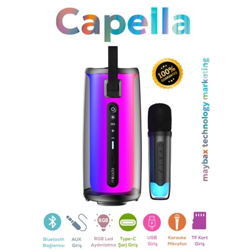 Mikado MD-17BT Capella Siyah 10W 1 RGB Mikrofonlu Transparan/Bt/TF Kart/Aux/Usb TWS 1800 mAh Bataryalı Speaker