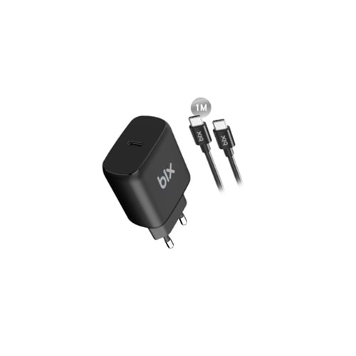 Bix BXC25B 25W Type-C PD Hızlı Şarj Adaptörü + 1 Metre 5A Type-C Kablo Siyah